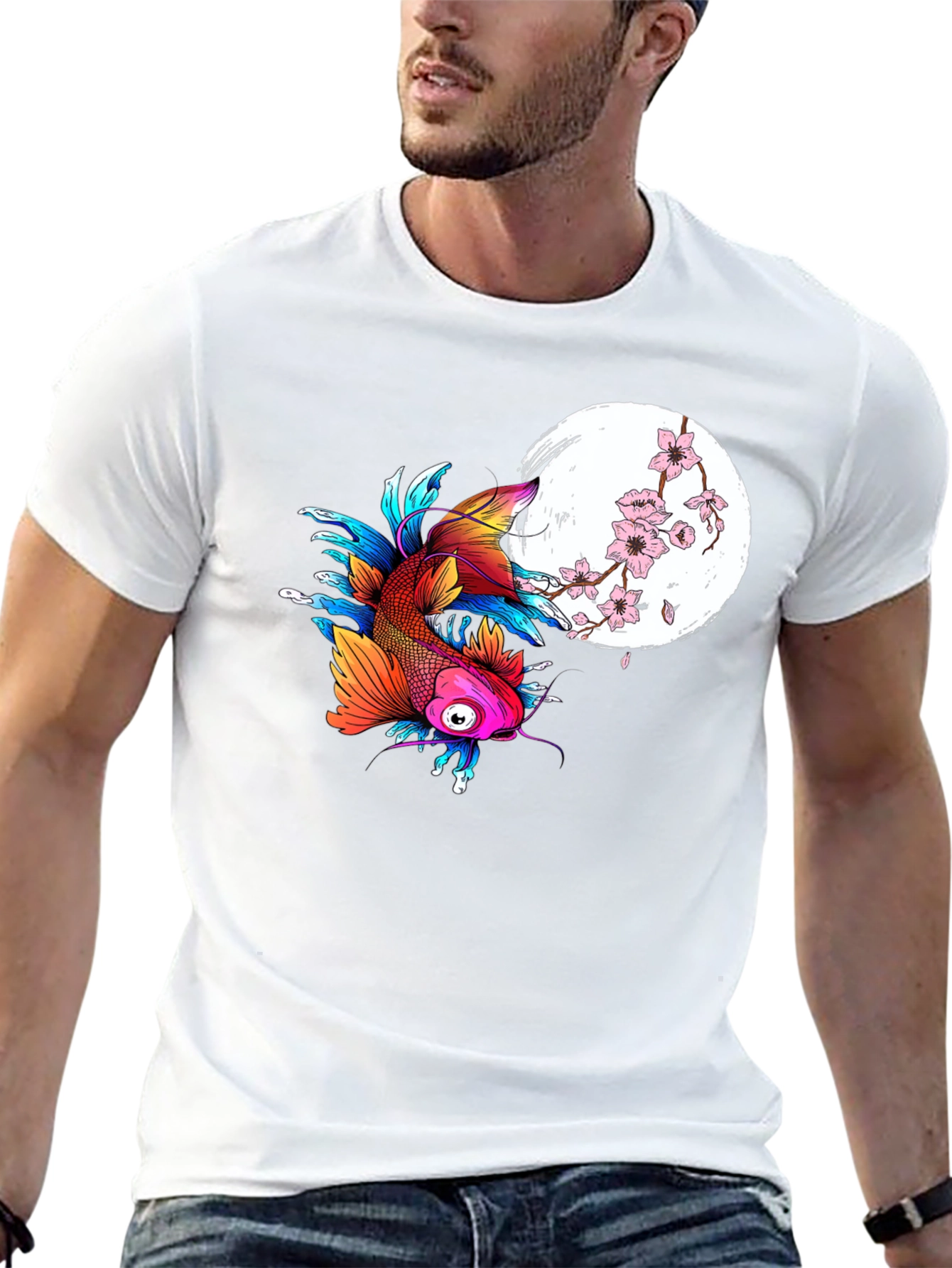 Koi Fish & Cherry Blossom Graphic Tee - Black